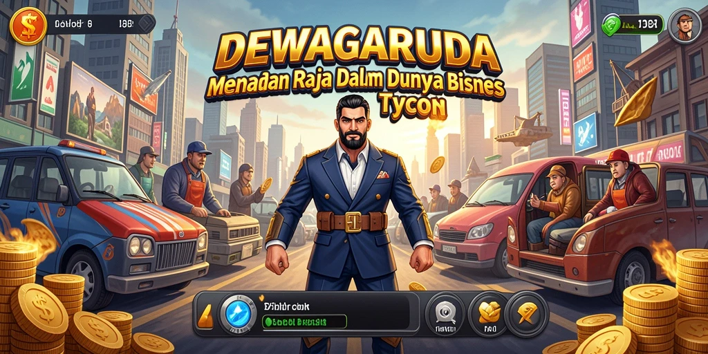 Tampilan menarik dari gameplay DEWAGARUDA yang menggambarkan manajemen bisnis.