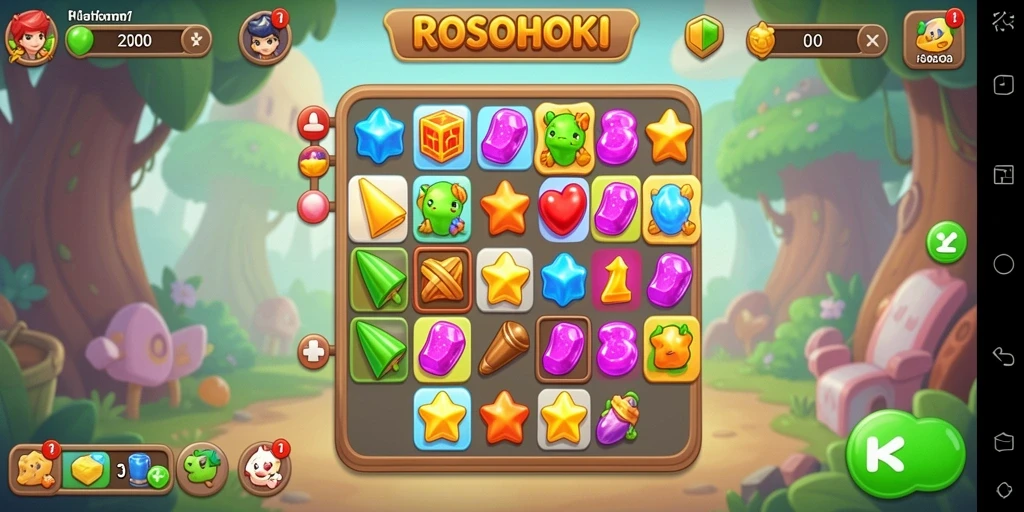 Screenshot gameplay ROSOHOKI yang menunjukkan serunya mencocokkan permata.