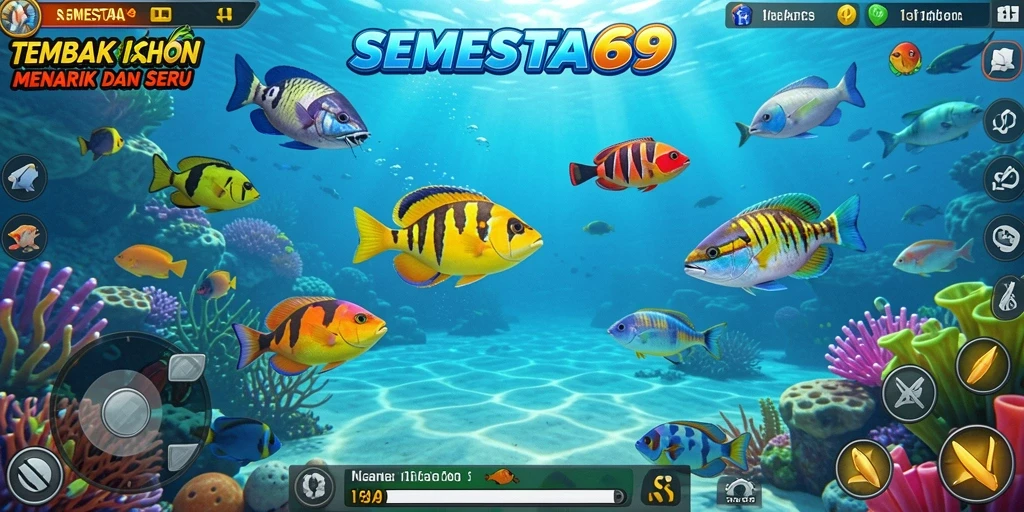 Tampilan gameplay SEMESTA69 dengan banyak ikan berwarna-warni.
