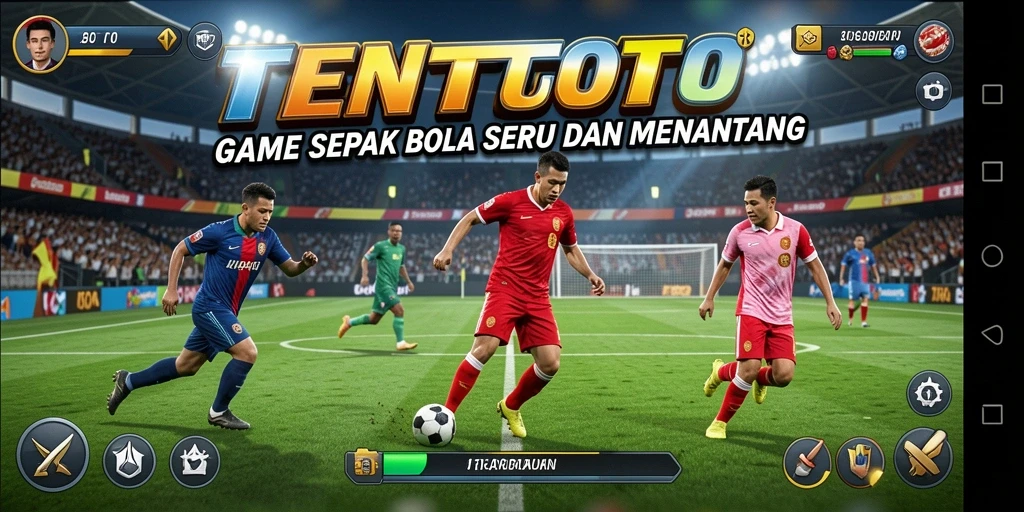 Screenshot TENTOTO menunjukkan aksi seru di lapangan sepak bola.